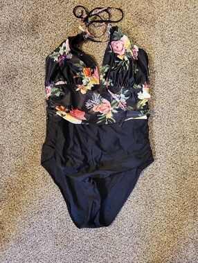 Black Floral Halter One-Piece Swimsuit